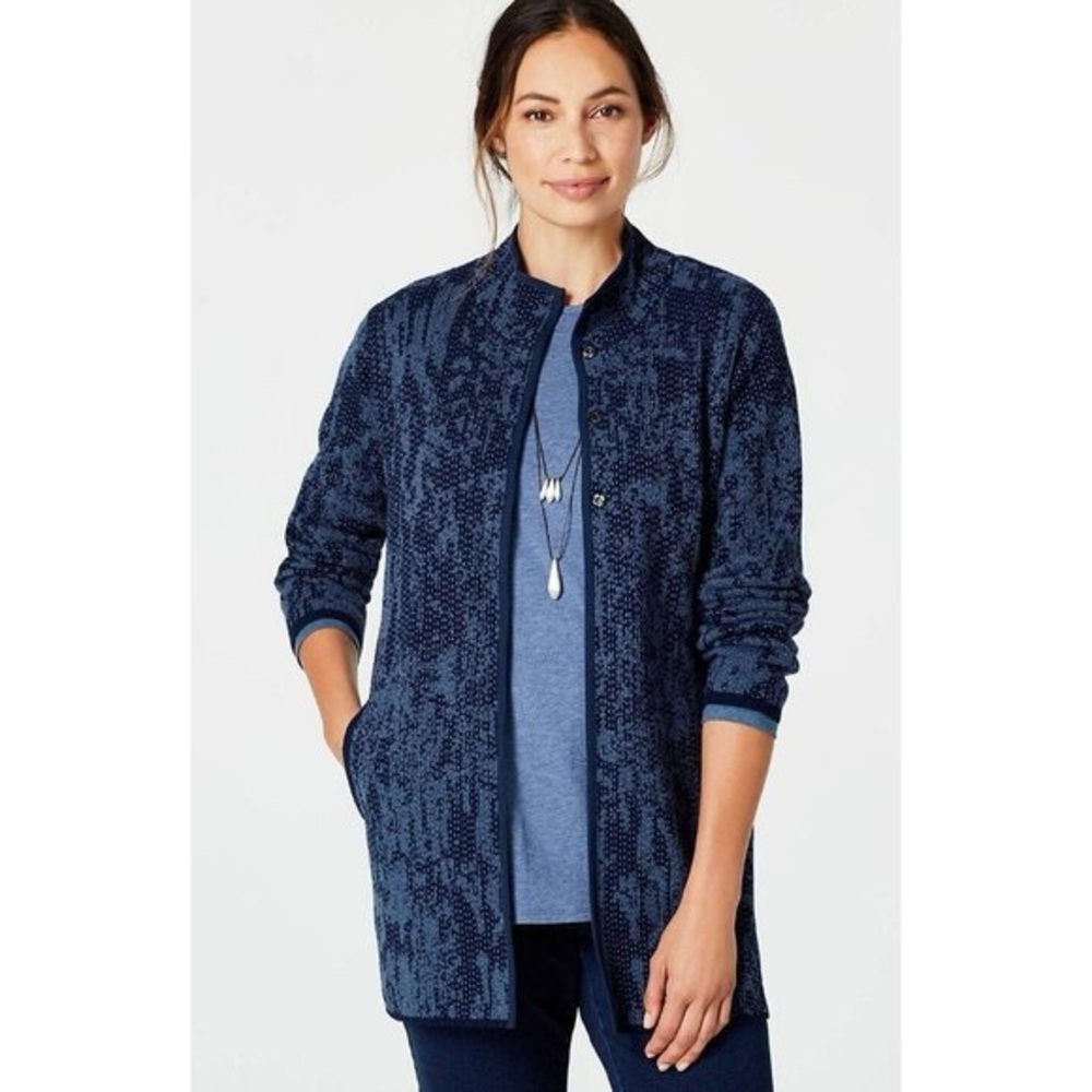 J Jill Pure Jill Cardigan Blue Jacquard Knit Snap Button Small